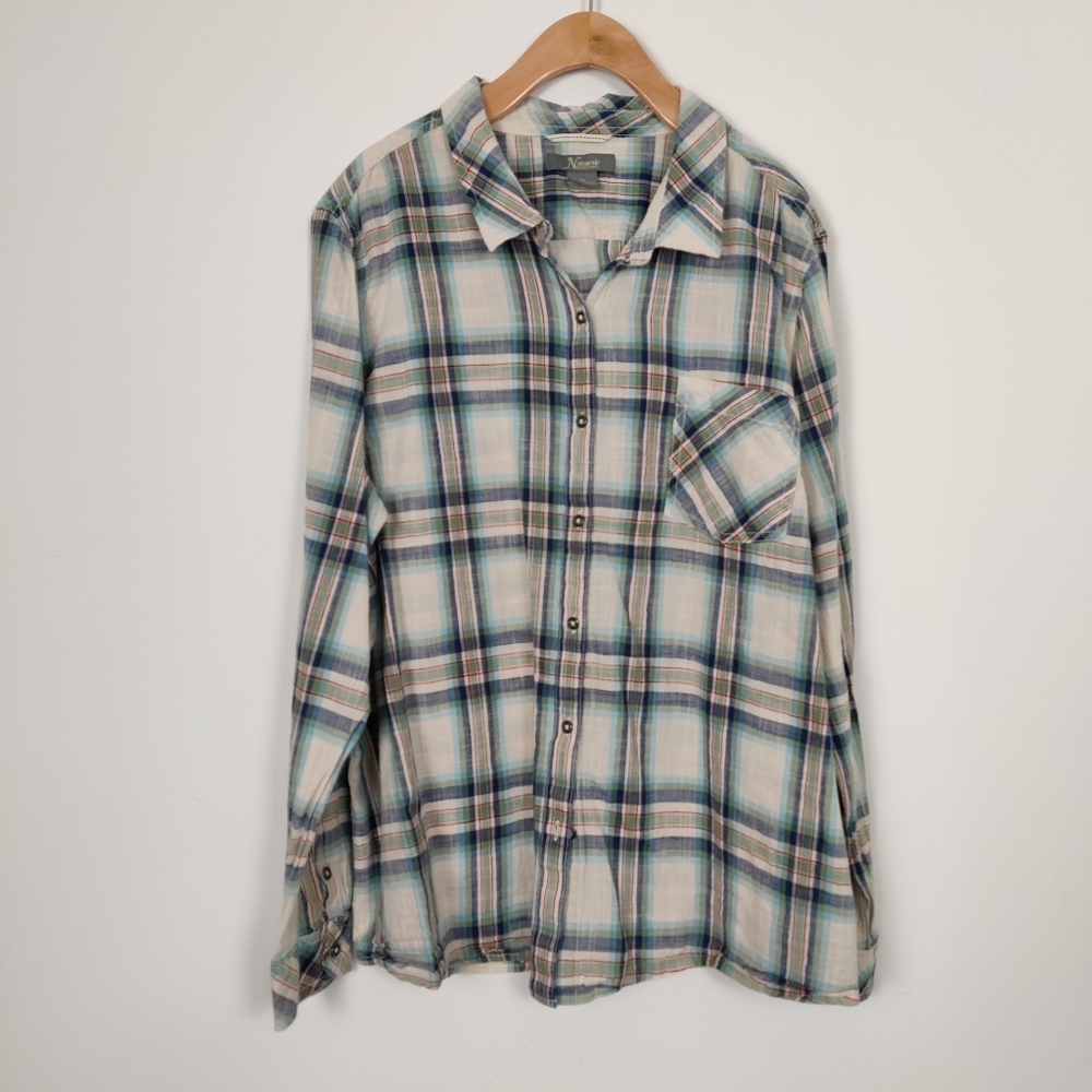 Natural Reflections Men's Plaid Button Down Shirt in Cream Blue 100% Cotton Fall